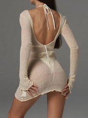 Sheer Backless Long Sleeve Mini Cover-Up Dress