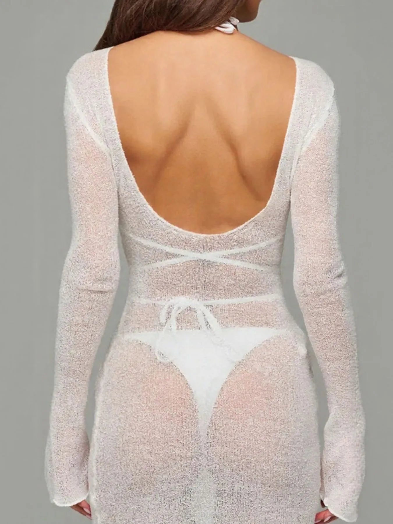 Sheer Backless Long Sleeve Mini Cover-Up Dress