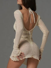 Sheer Backless Long Sleeve Mini Cover-Up Dress
