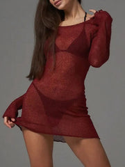 Sheer Backless Long Sleeve Mini Cover-Up Dress