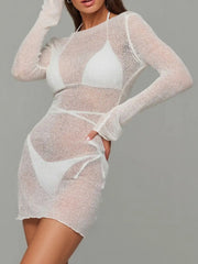 Sheer Backless Long Sleeve Mini Cover-Up Dress