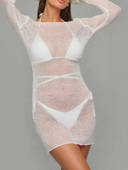 Sheer Backless Long Sleeve Mini Cover-Up Dress