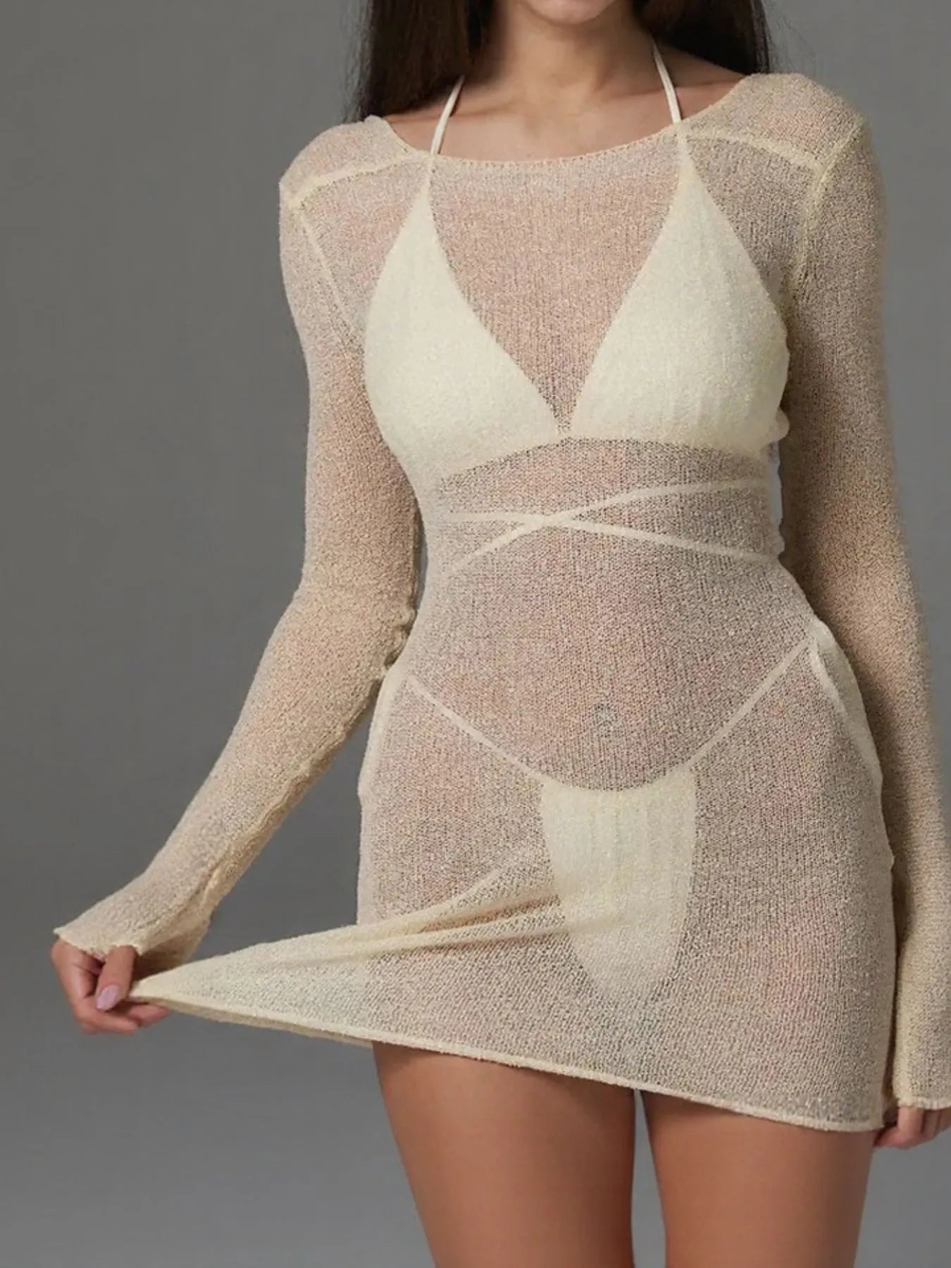 Sheer Backless Long Sleeve Mini Cover-Up Dress Beige / S