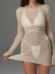 Sheer Backless Long Sleeve Mini Cover-Up Dress Beige / S