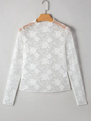 Sheer Floral Lace Mesh Mock Neck Long Sleeve Top
