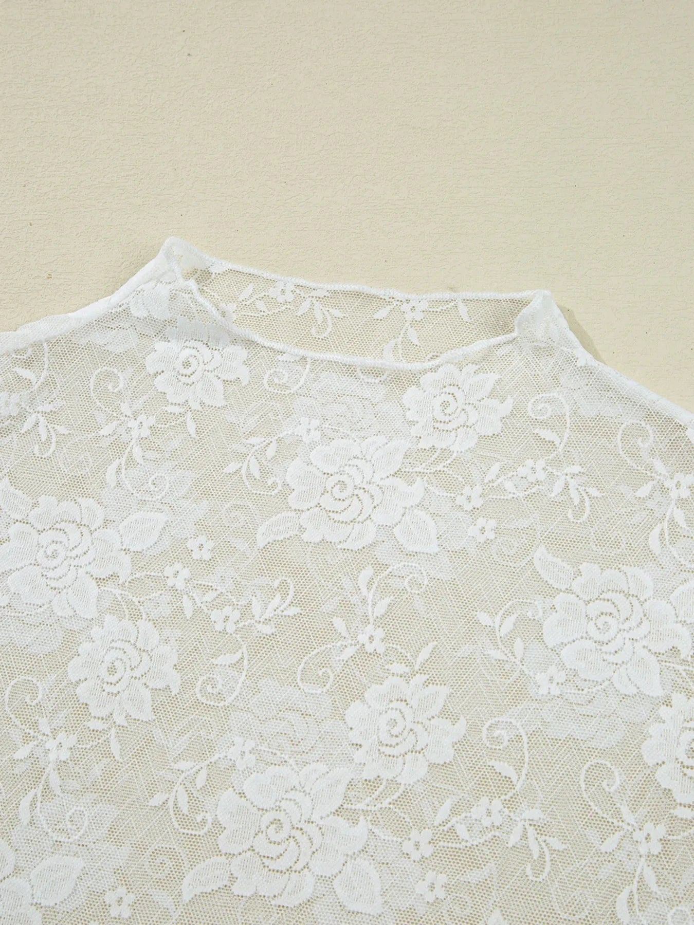 Sheer Floral Lace Mesh Mock Neck Long Sleeve Top