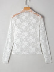 Sheer Floral Lace Mesh Mock Neck Long Sleeve Top