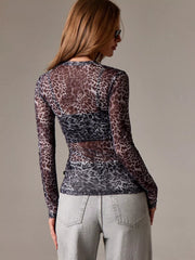 Sheer Leopard Print Long Sleeve Top