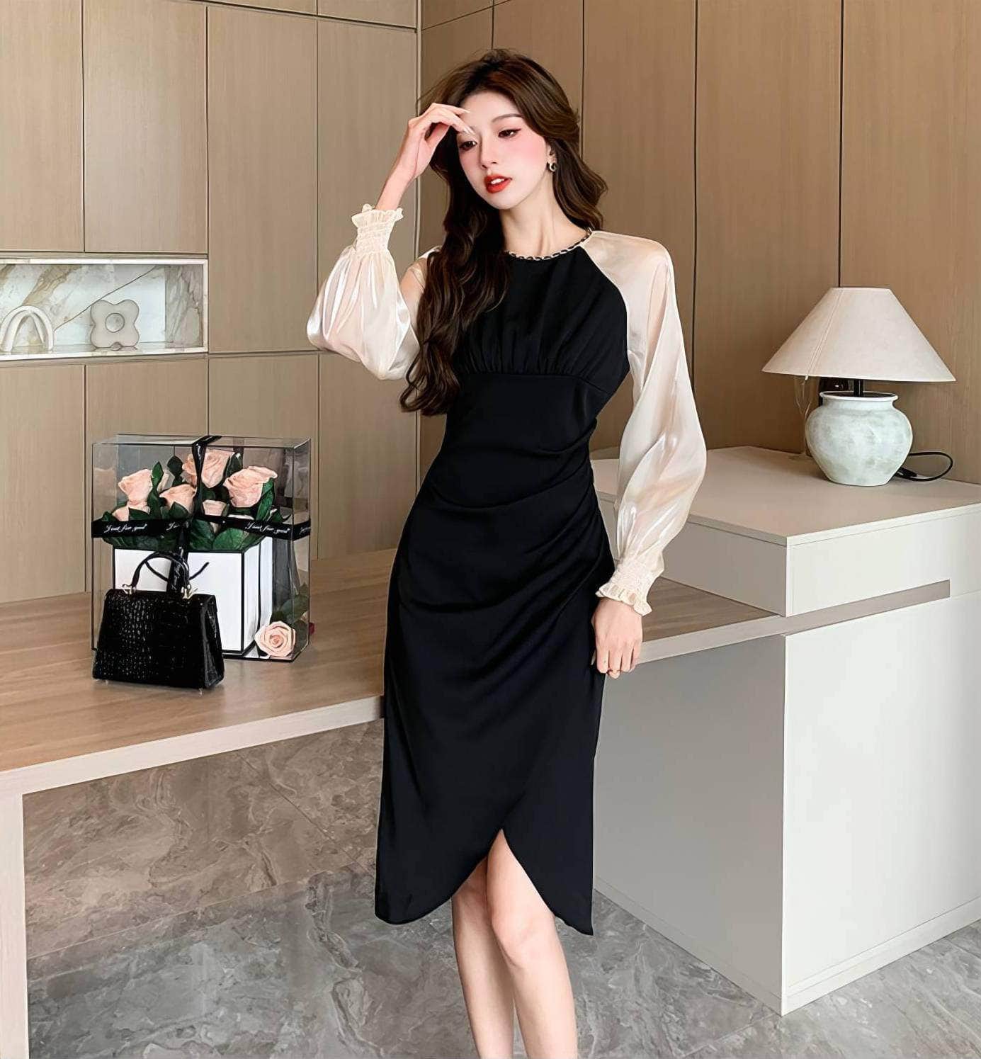 Sheer Long Sleeves Pleated Asymmetrical Hem Dress
