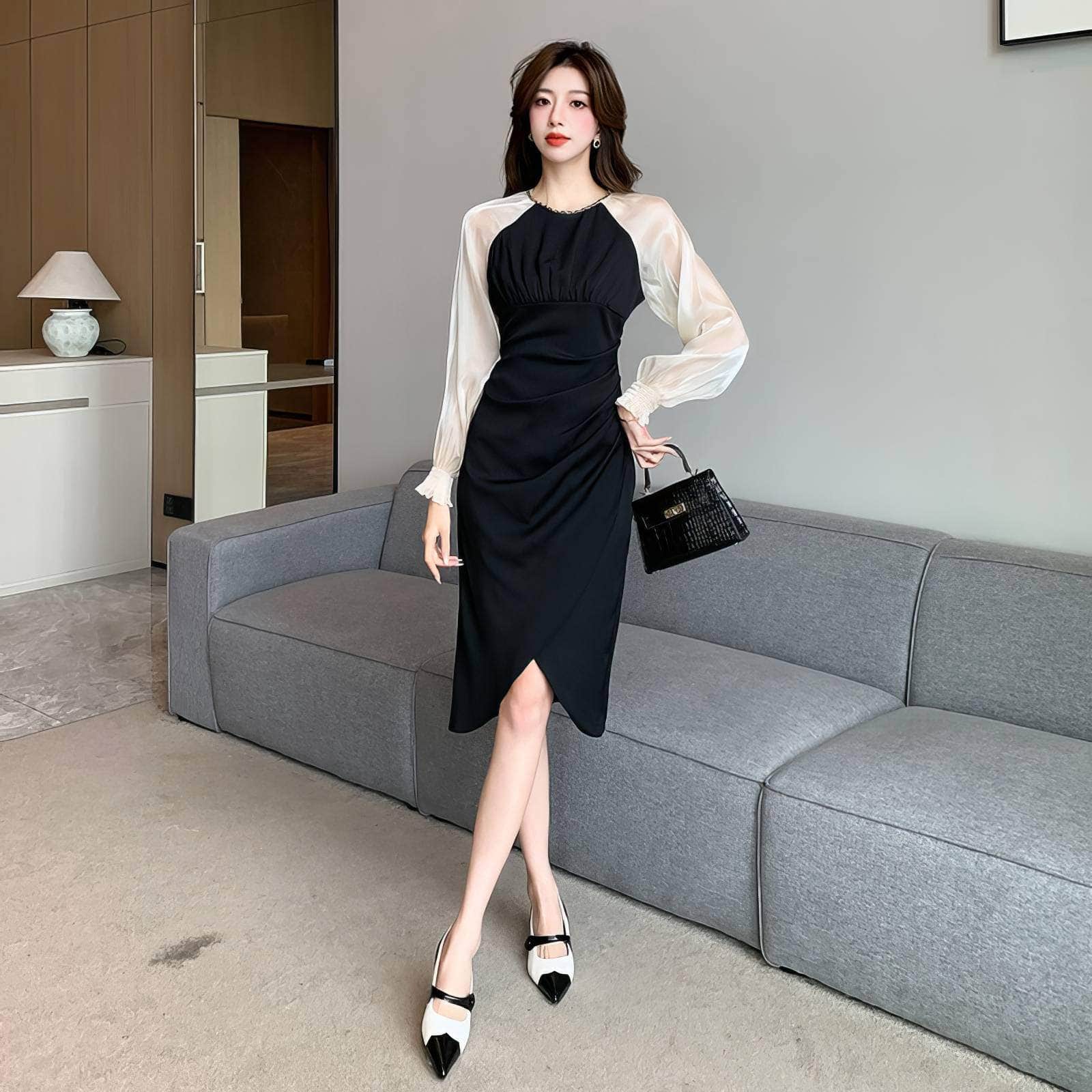Sheer Long Sleeves Pleated Asymmetrical Hem Dress