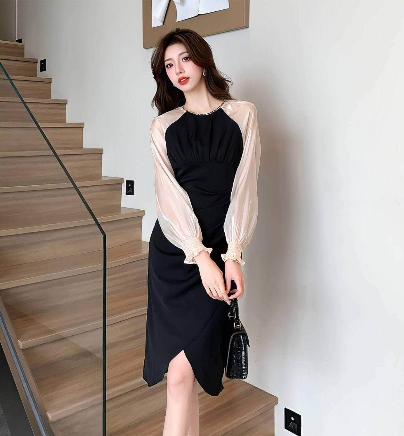 Sheer Long Sleeves Pleated Asymmetrical Hem Dress