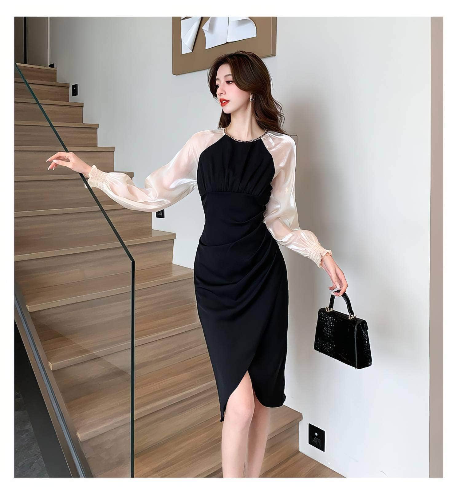 Sheer Long Sleeves Pleated Asymmetrical Hem Dress