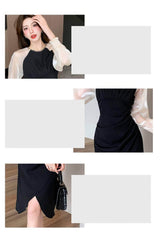 Sheer Long Sleeves Pleated Asymmetrical Hem Dress