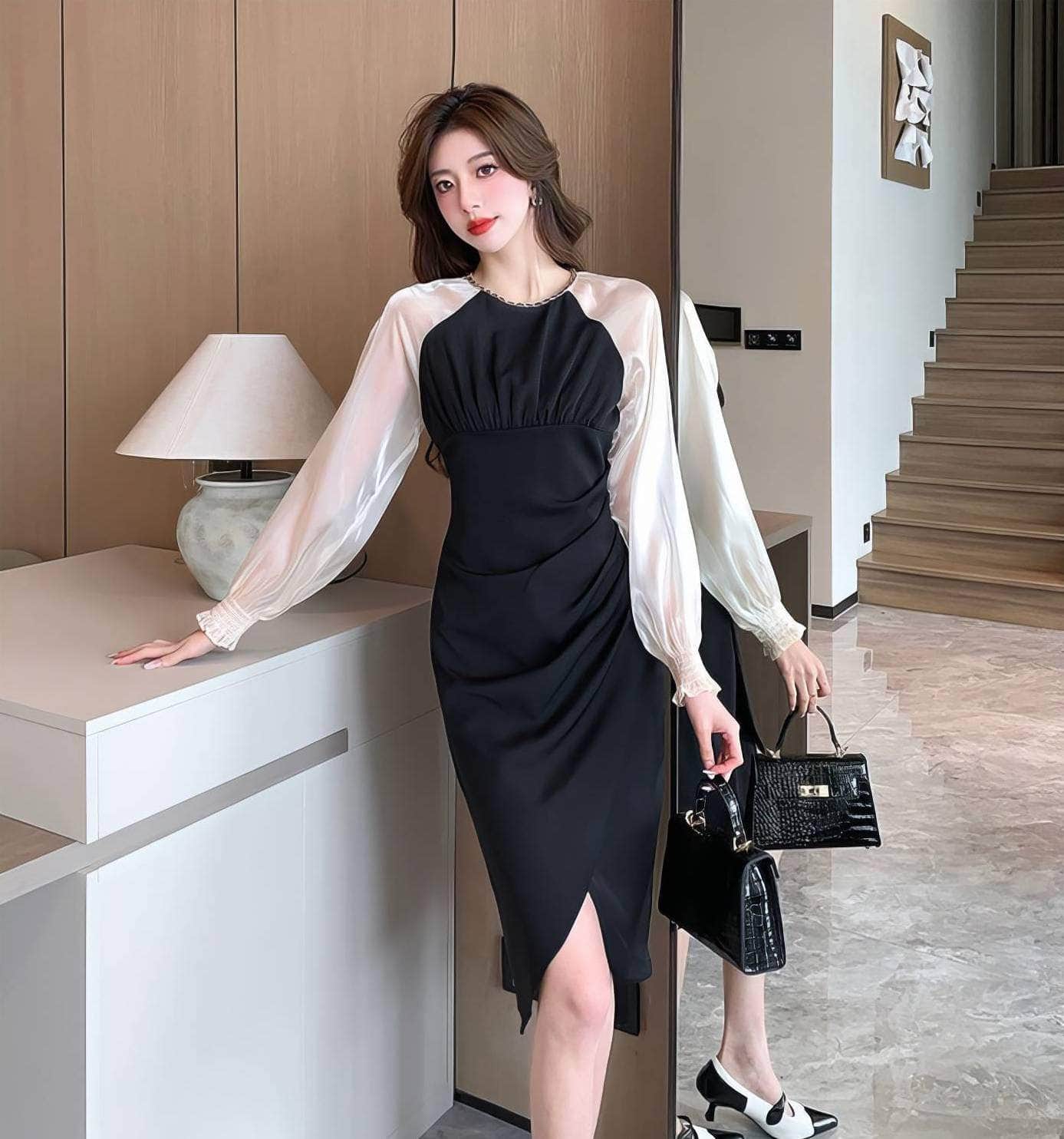 Sheer Long Sleeves Pleated Asymmetrical Hem Dress