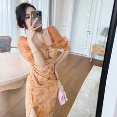 Sheer Puff Sleeves Laced Slim Fit Dress