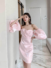 Shimmering Off shoulder Puff sleeve Column Gown S / Pink
