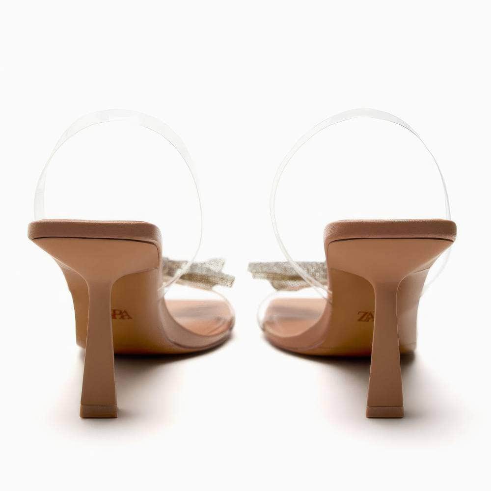 Shiny Rhinestone Bow Transparent Ankle Strap Heels
