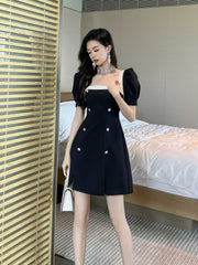 Short Puff Sleeves Square Neck Skater Dress