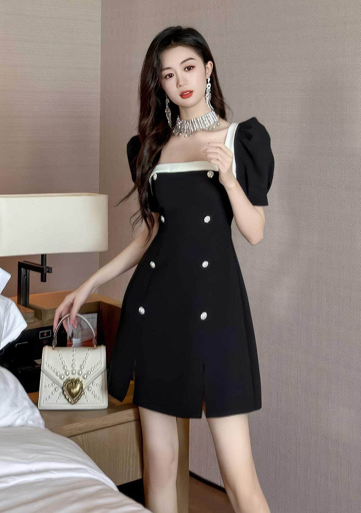 Short Puff Sleeves Square Neck Skater Dress