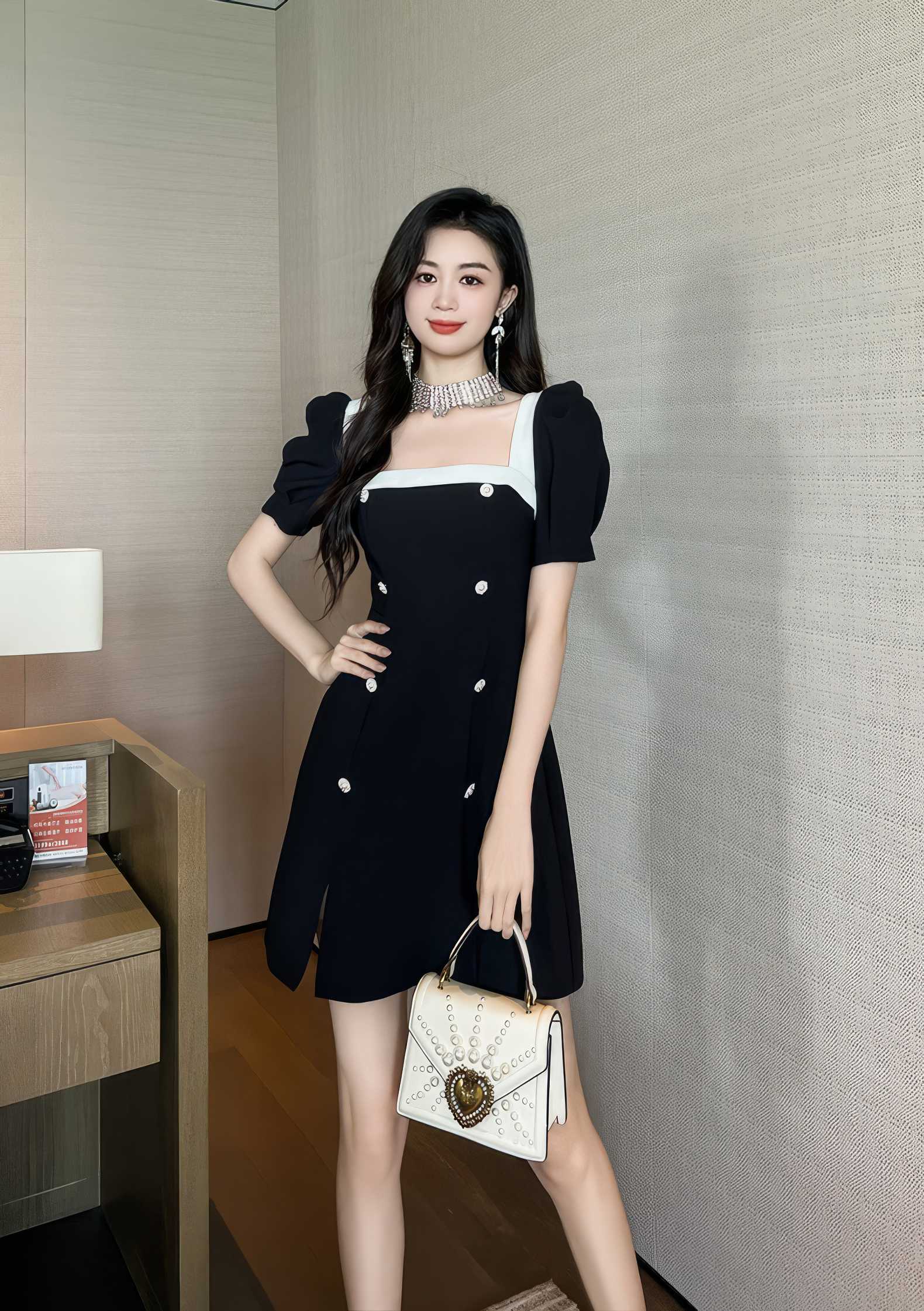 Short Puff Sleeves Square Neck Skater Dress