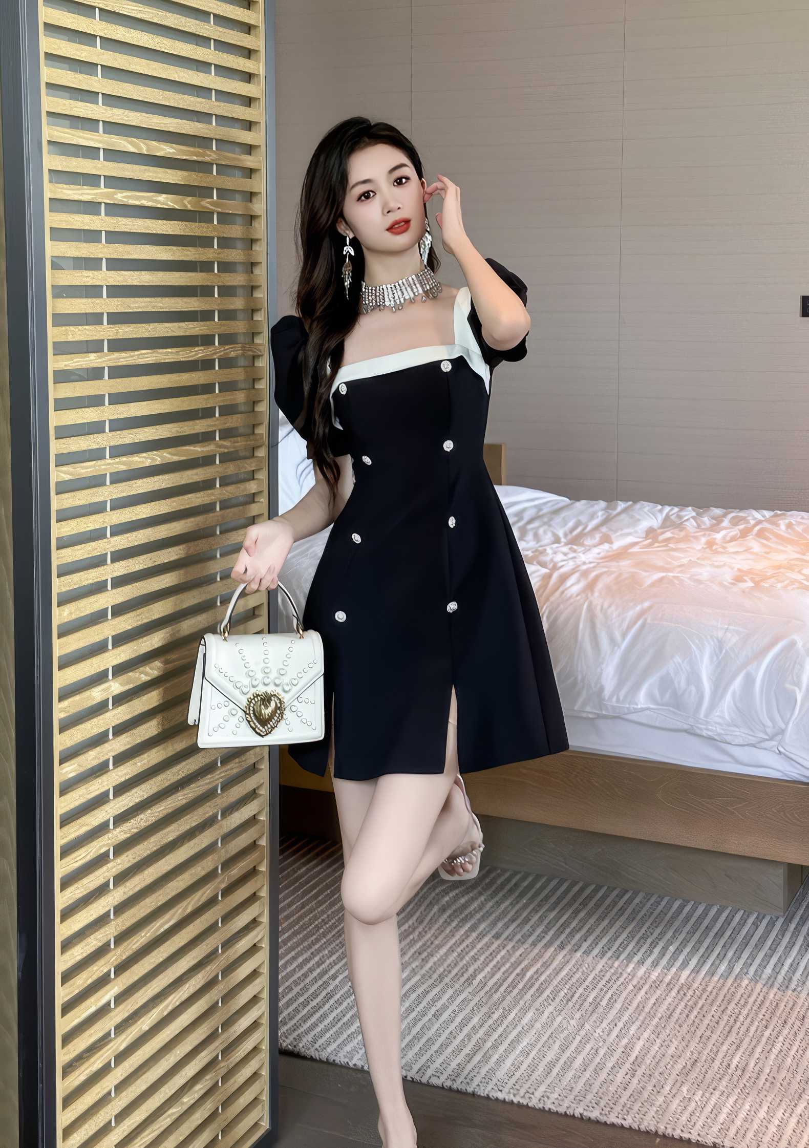 Short Puff Sleeves Square Neck Skater Dress
