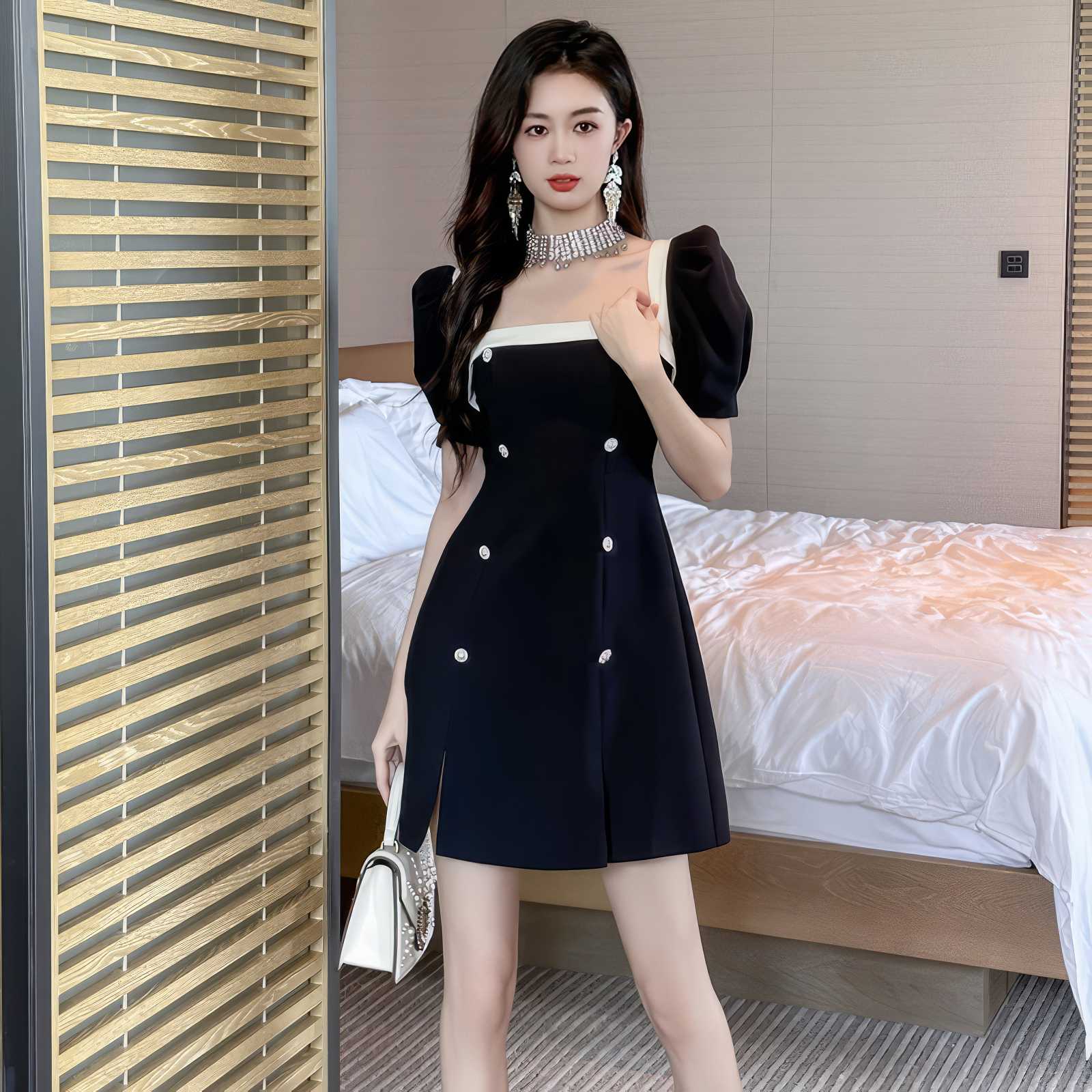 Short Puff Sleeves Square Neck Skater Dress