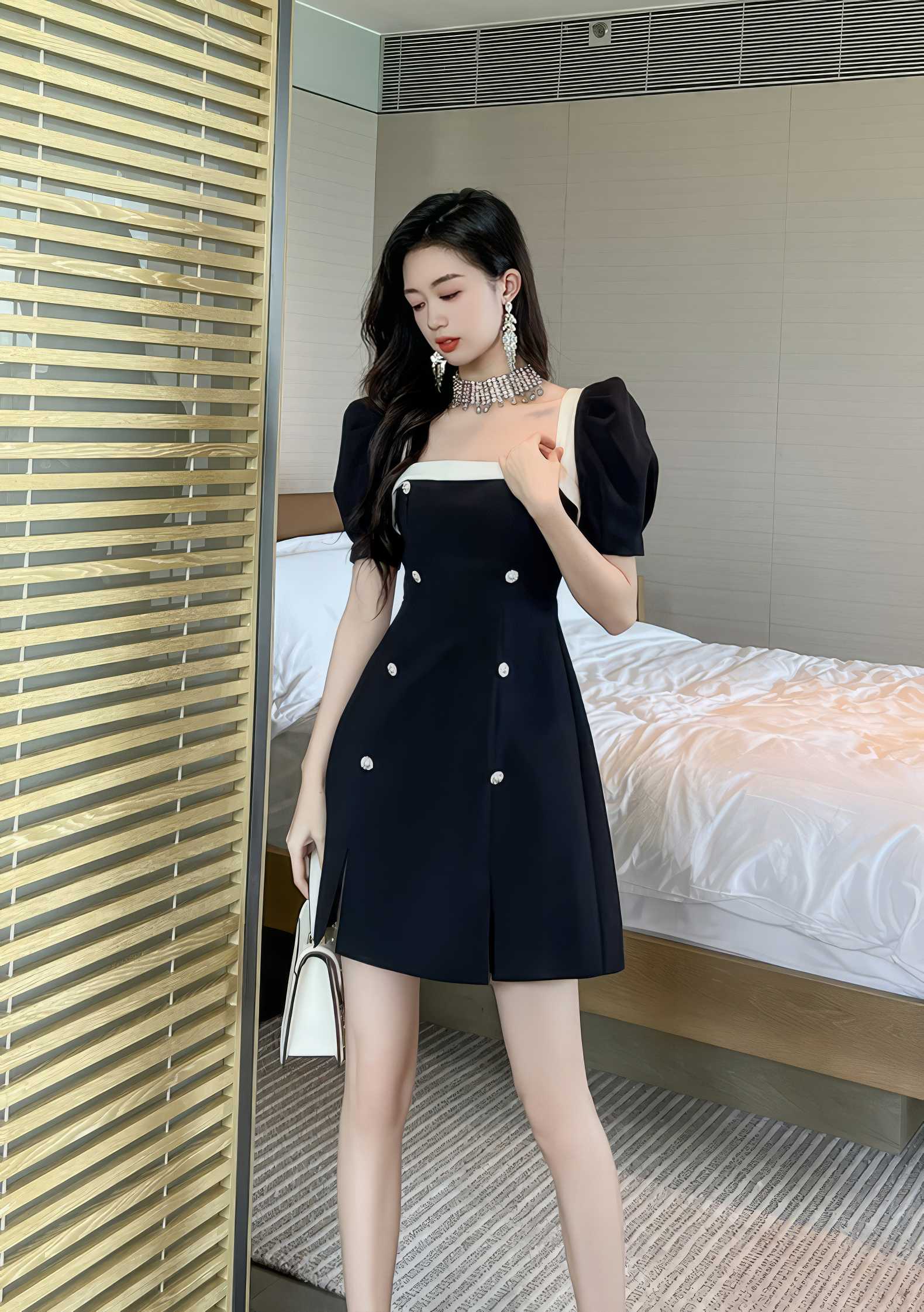 Short Puff Sleeves Square Neck Skater Dress