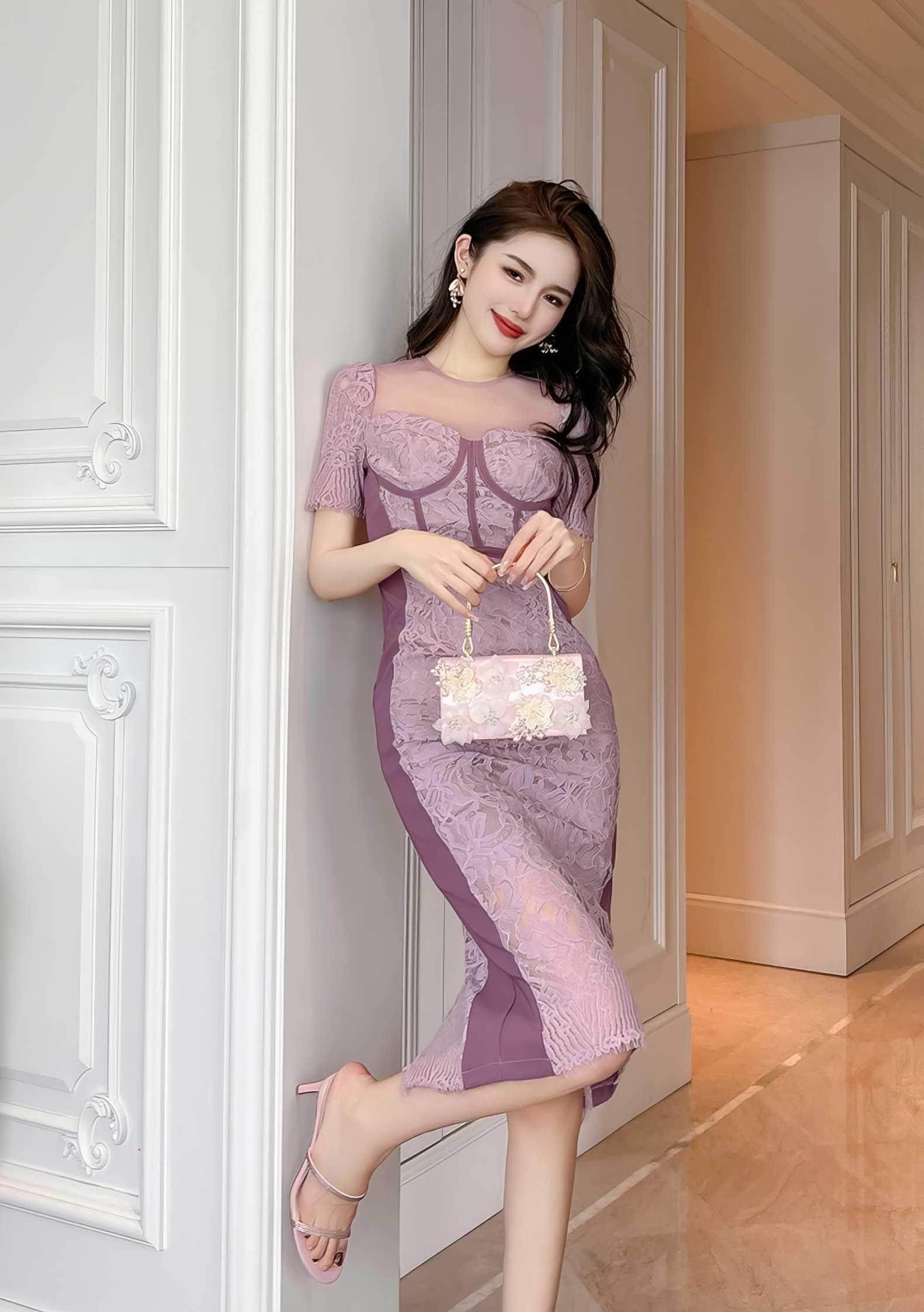 Short Sleeve Corset Laced Midi Dress
