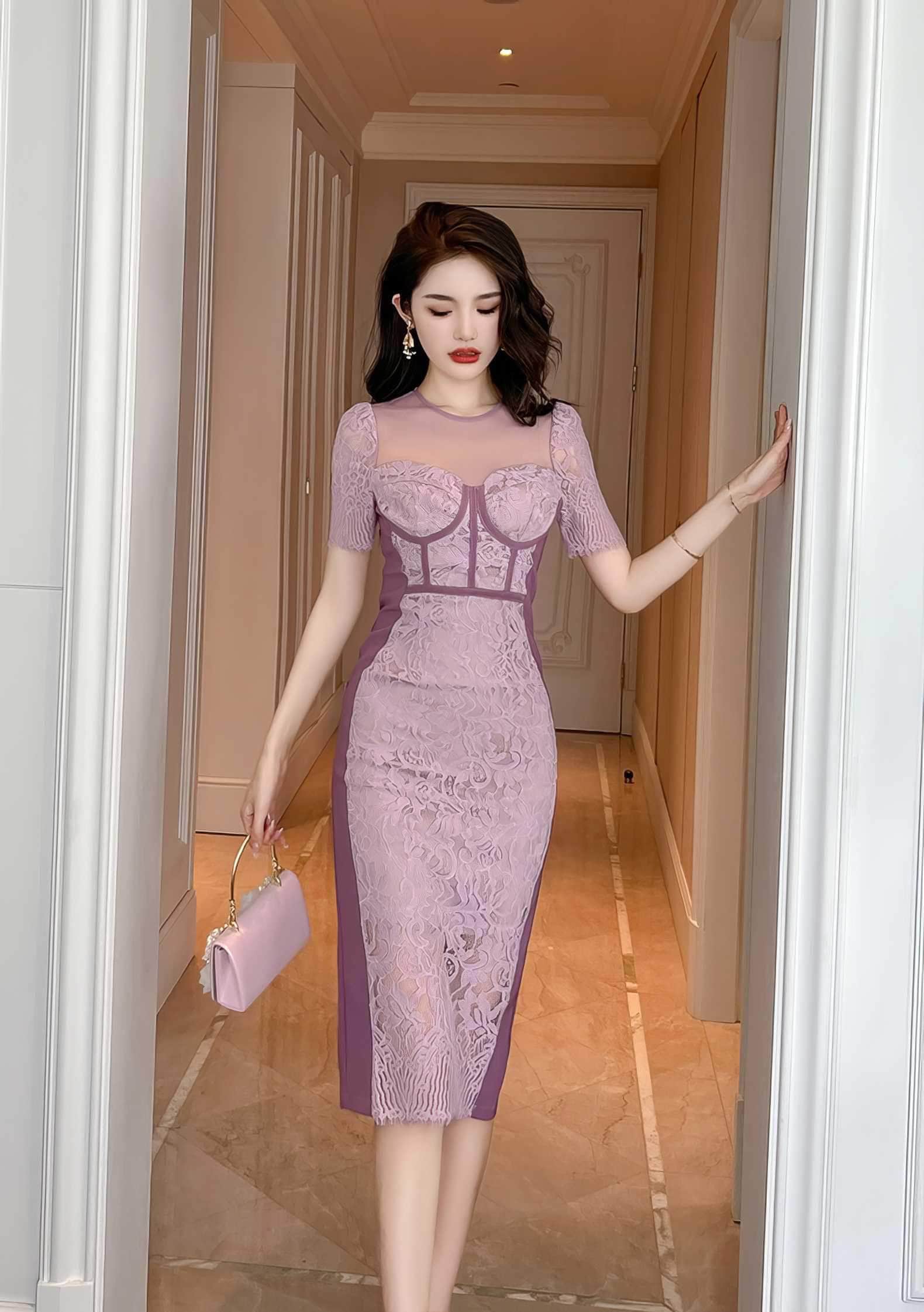 Short Sleeve Corset Laced Midi Dress S / Purple