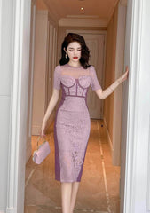 Short Sleeve Corset Laced Midi Dress S / Purple