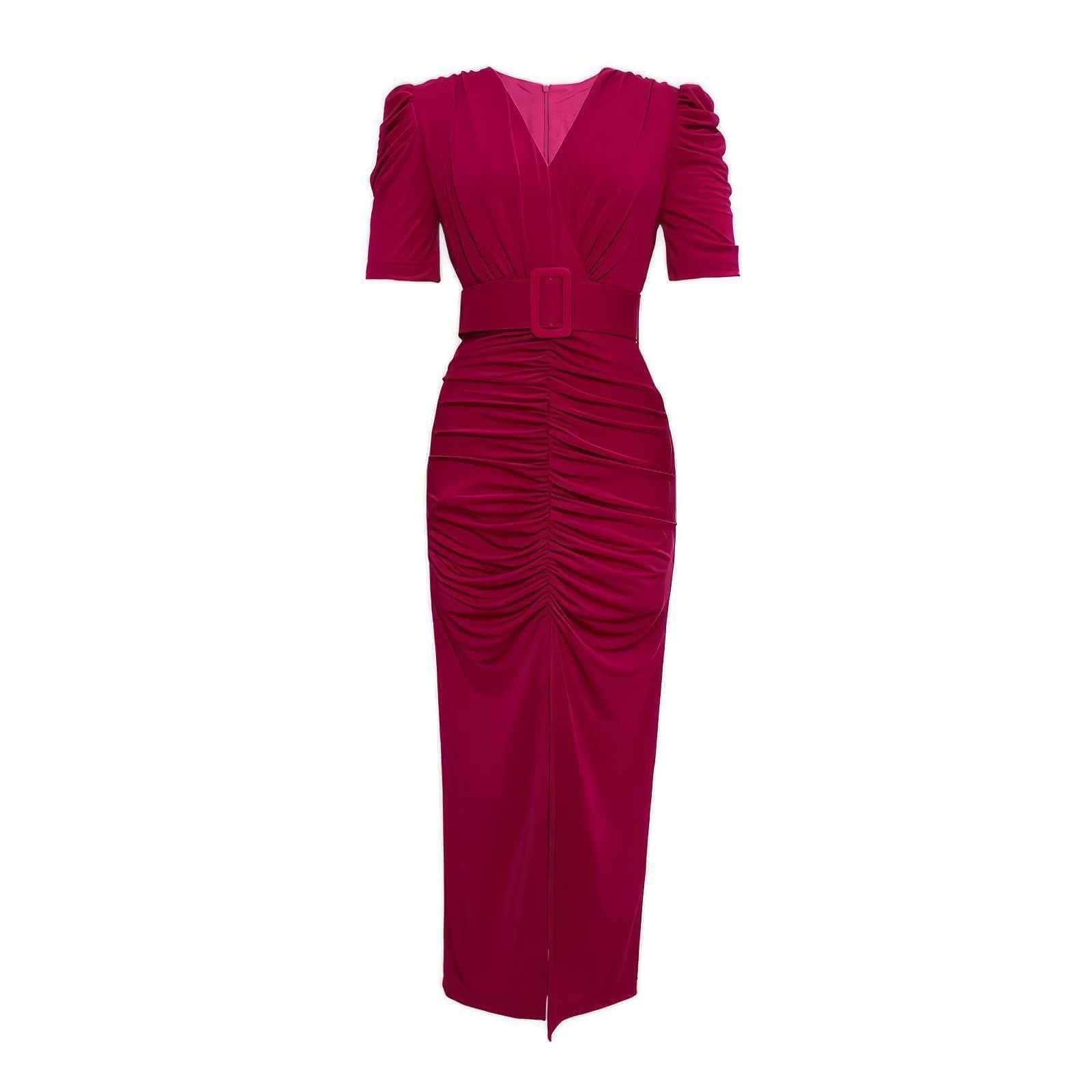 Short Sleeve Front Slit Ruched Belted Dress