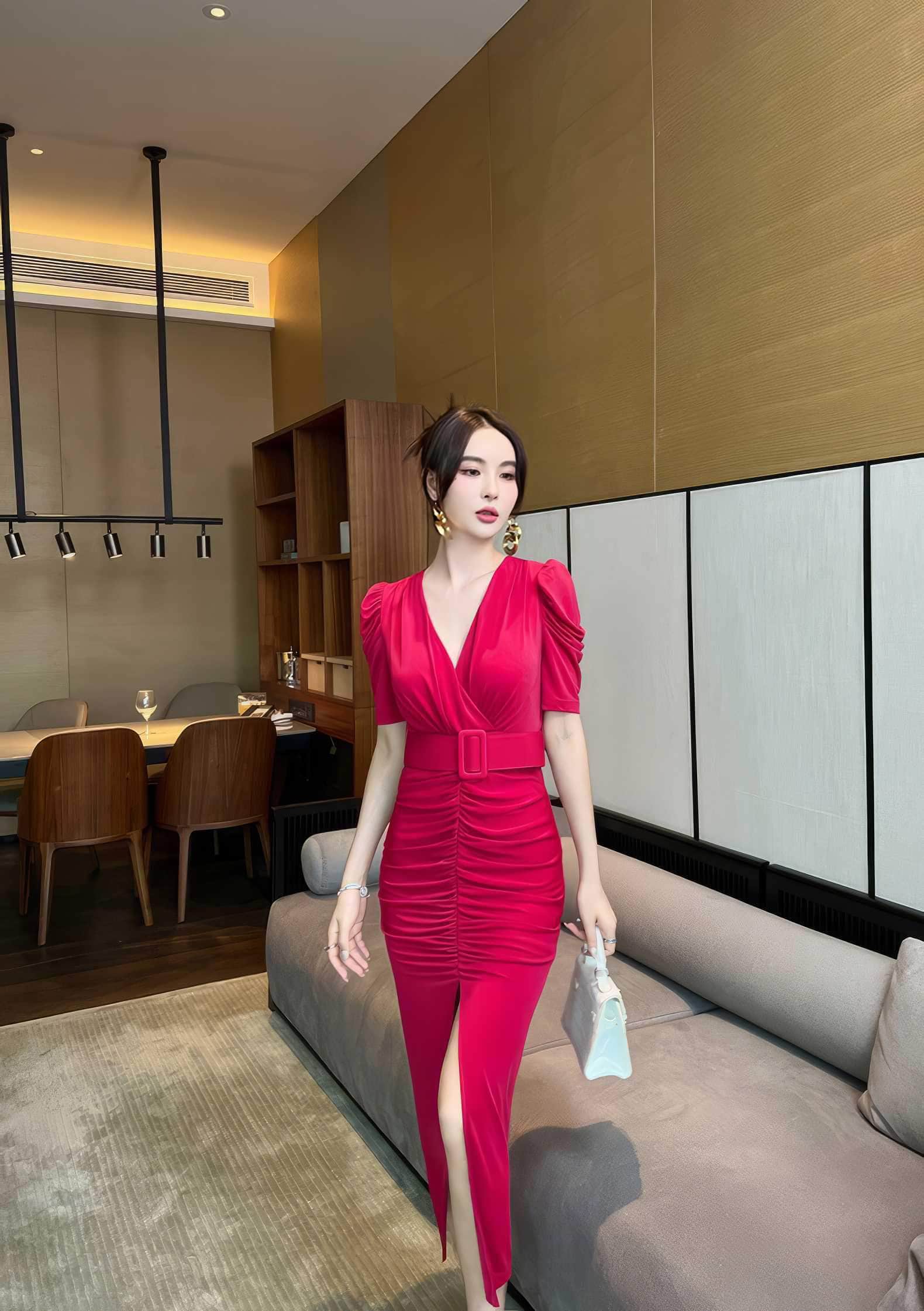 Short Sleeve Front Slit Ruched Belted Dress