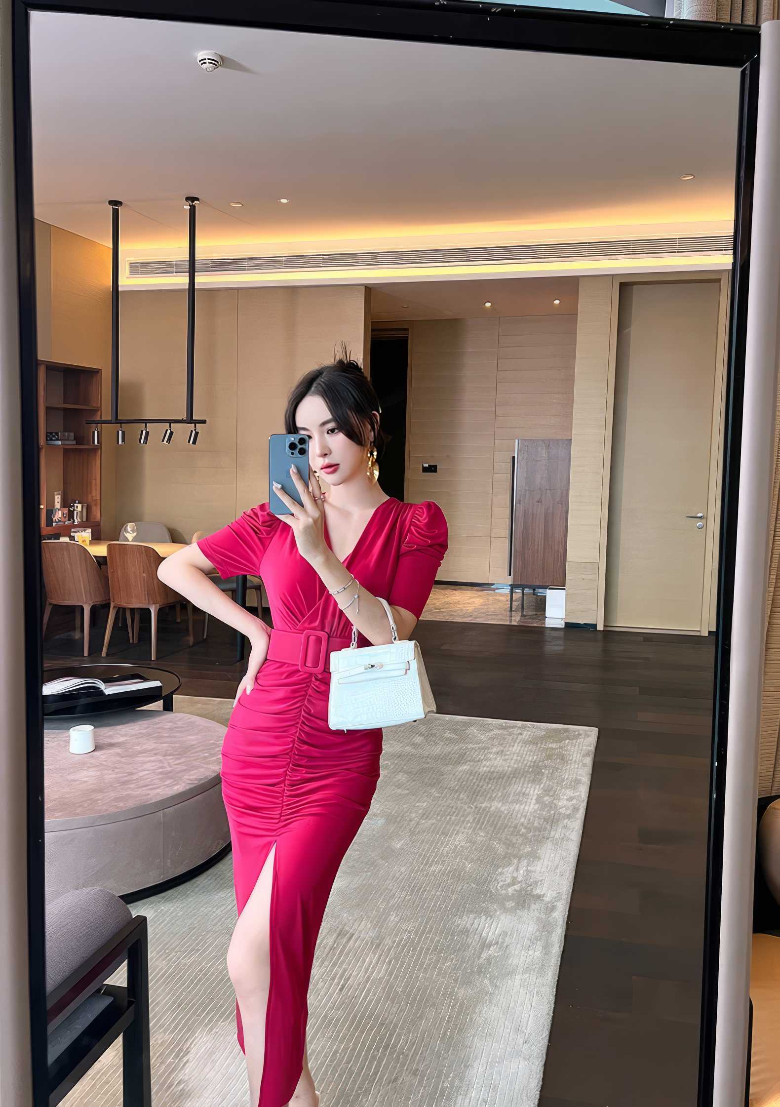 Short Sleeve Front Slit Ruched Belted Dress