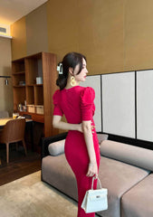 Short Sleeve Front Slit Ruched Belted Dress