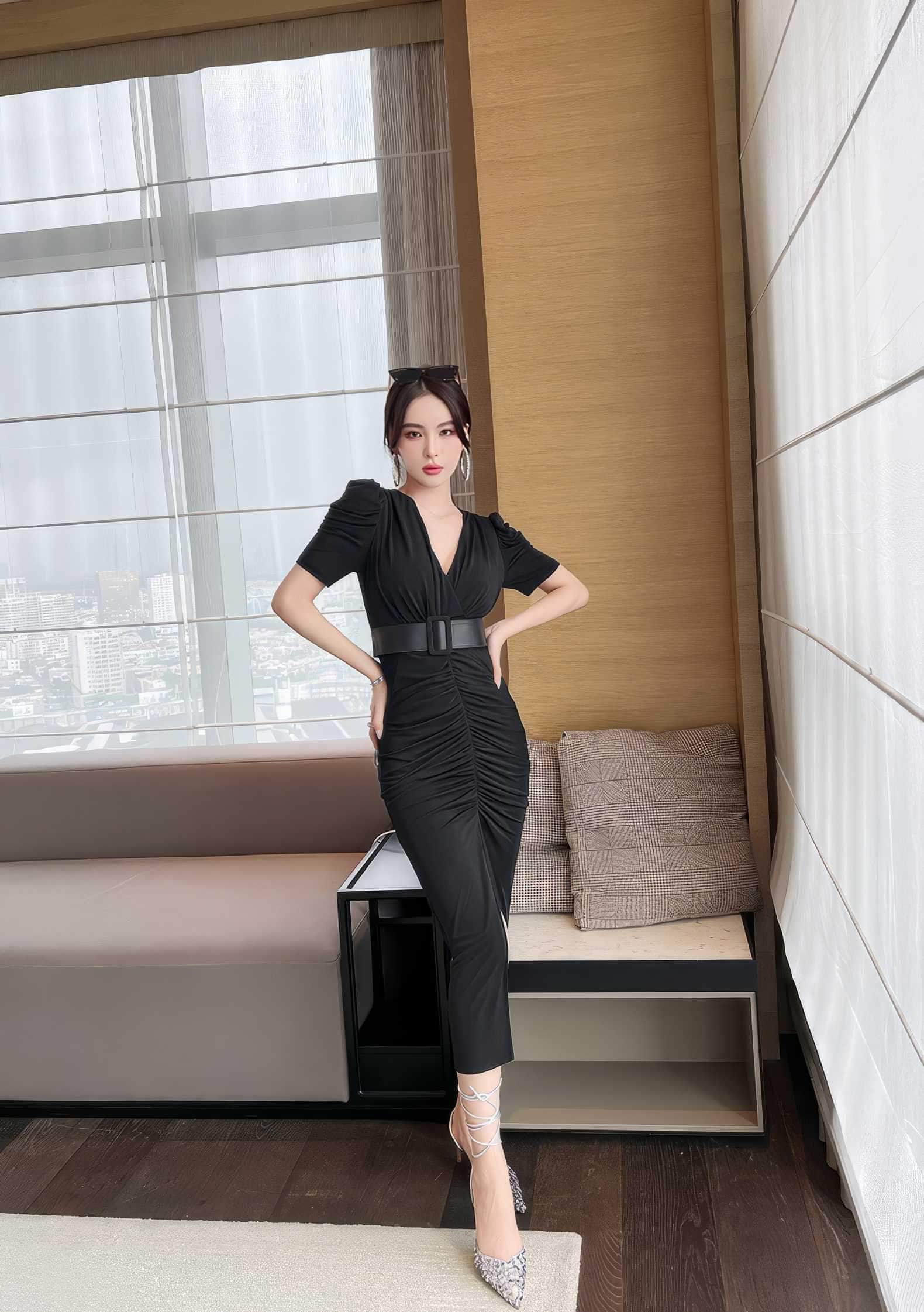 Short Sleeve Front Slit Ruched Belted Dress