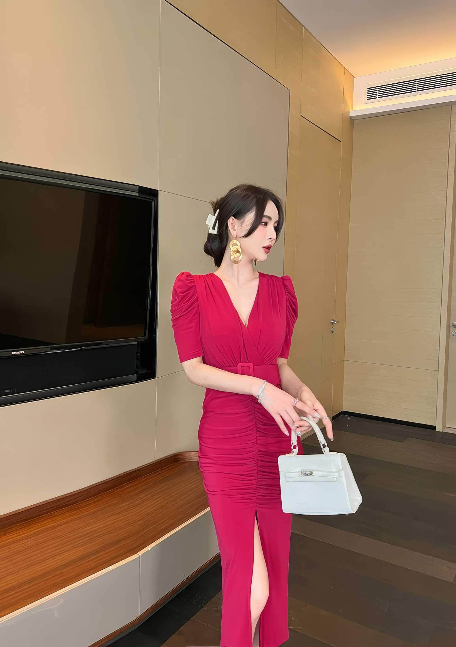 Short Sleeve Front Slit Ruched Belted Dress