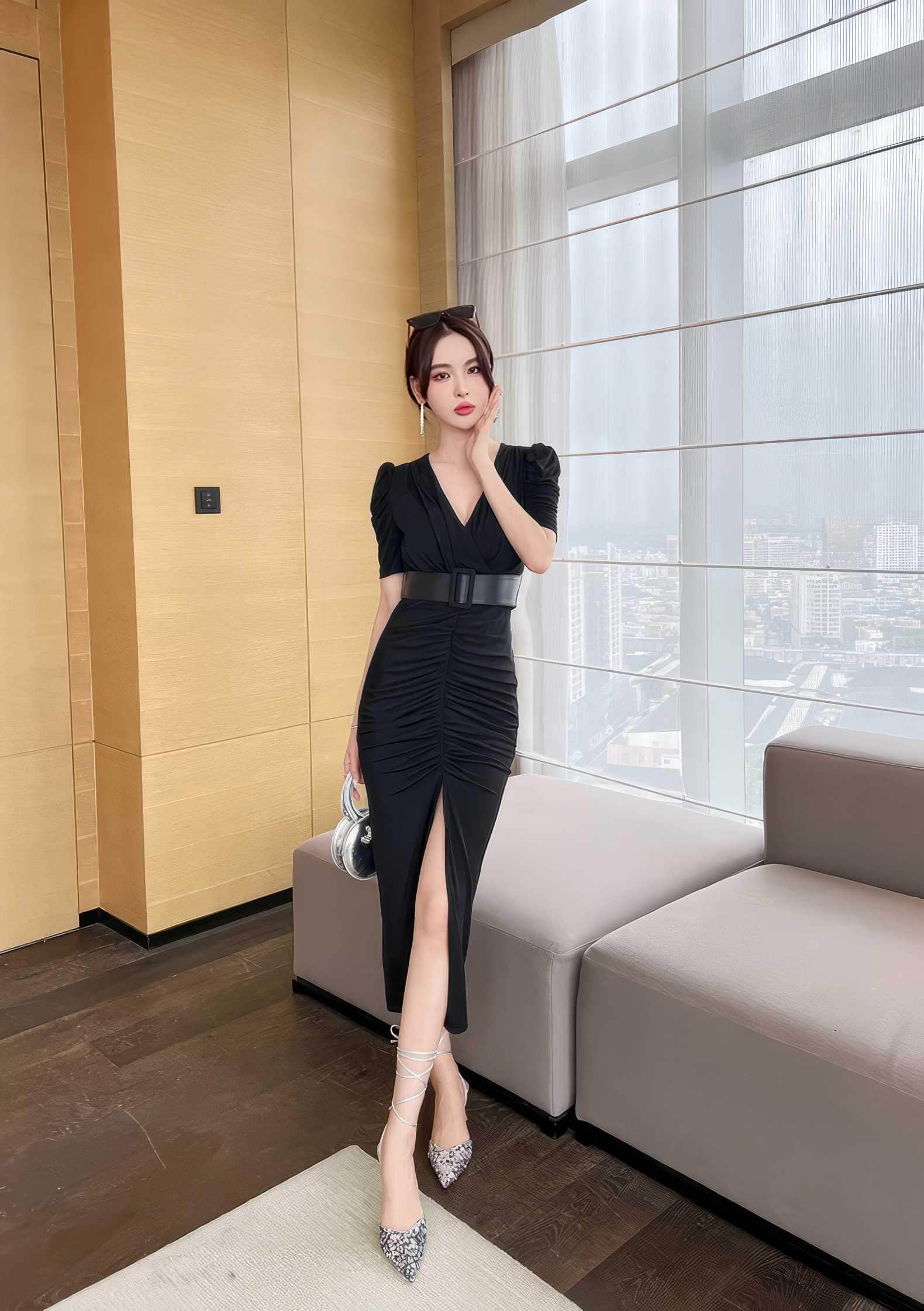 Short Sleeve Front Slit Ruched Belted Dress