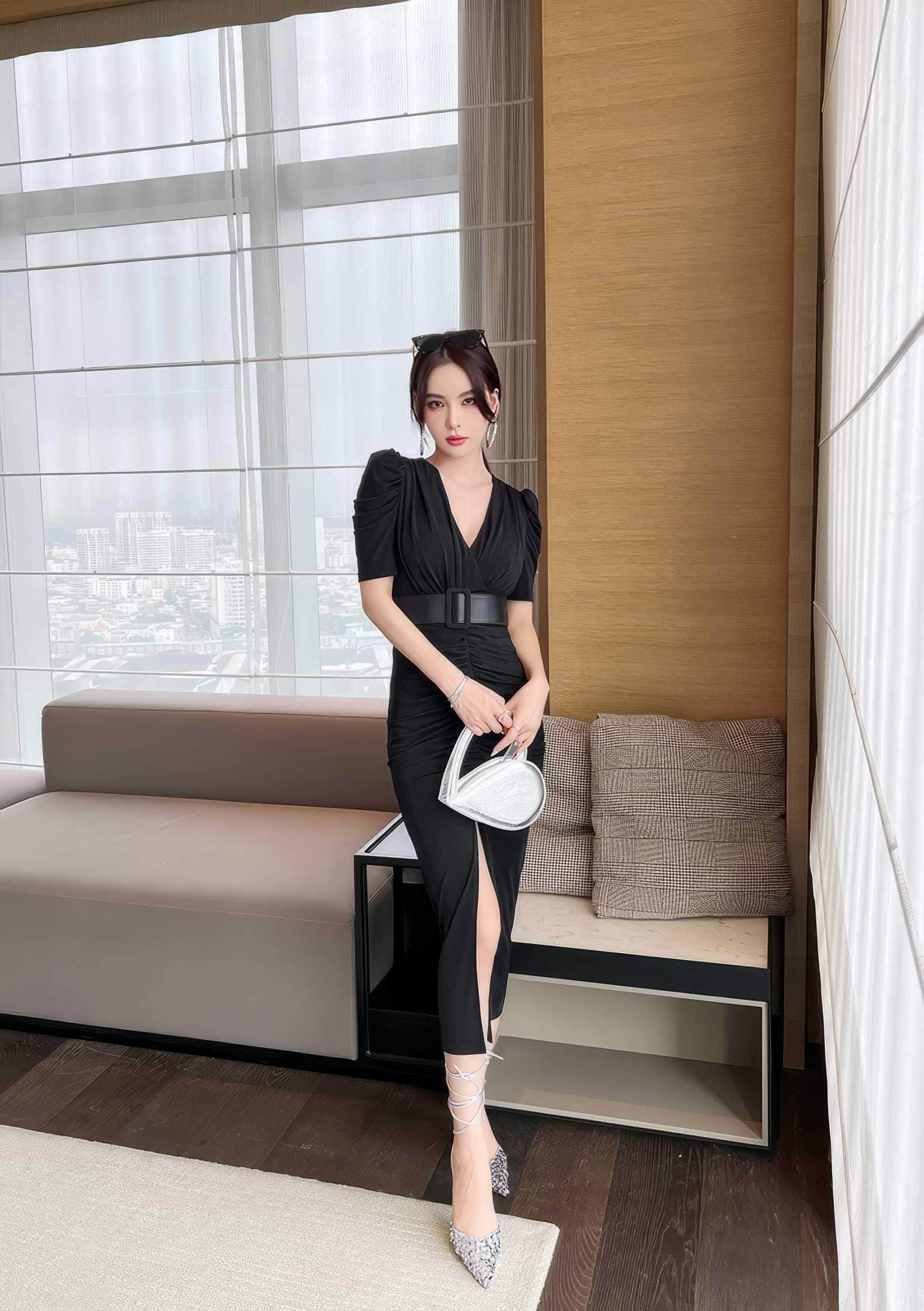 Short Sleeve Front Slit Ruched Belted Dress
