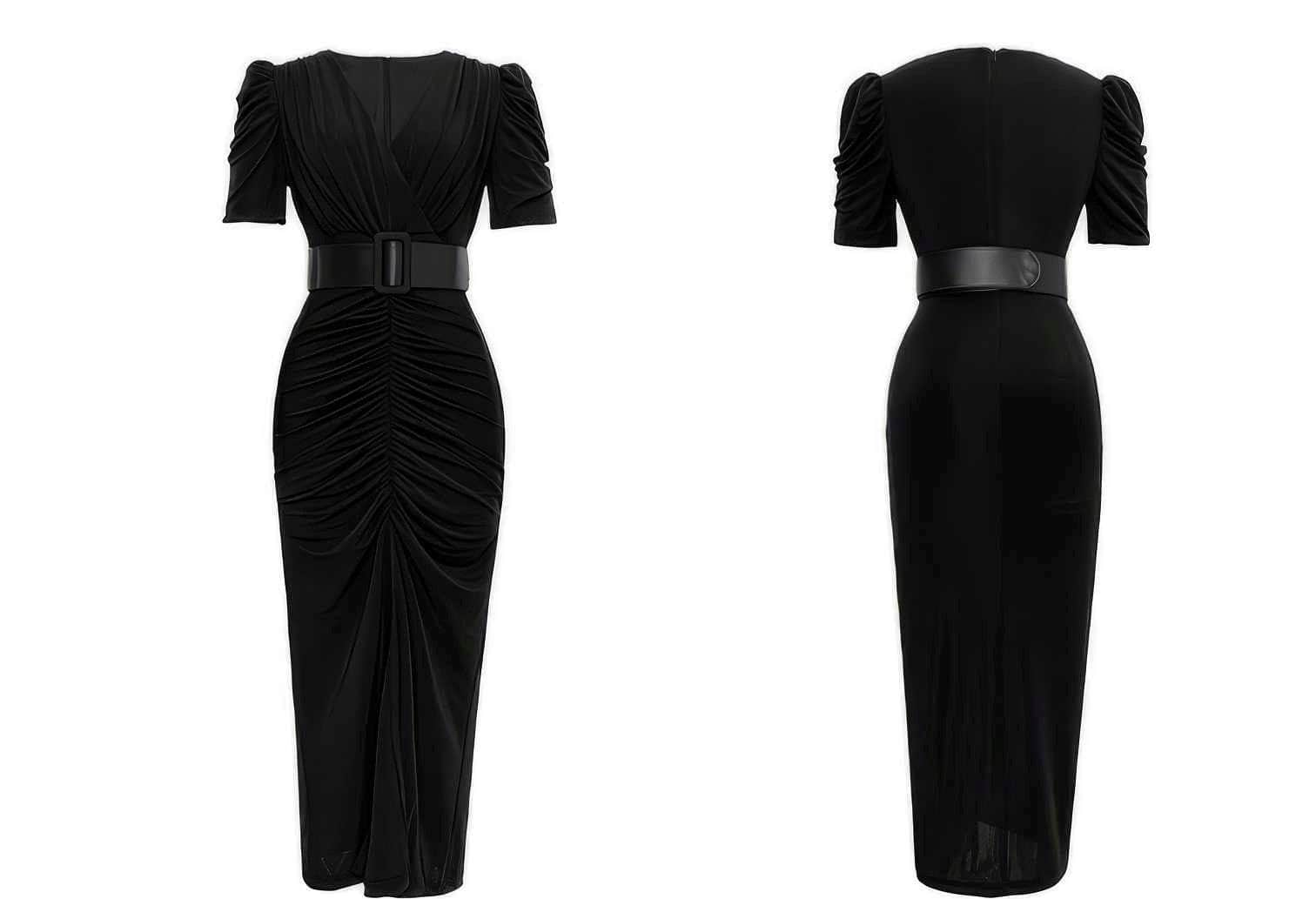 Short Sleeve Front Slit Ruched Belted Dress