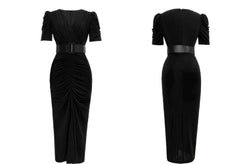 Short Sleeve Front Slit Ruched Belted Dress