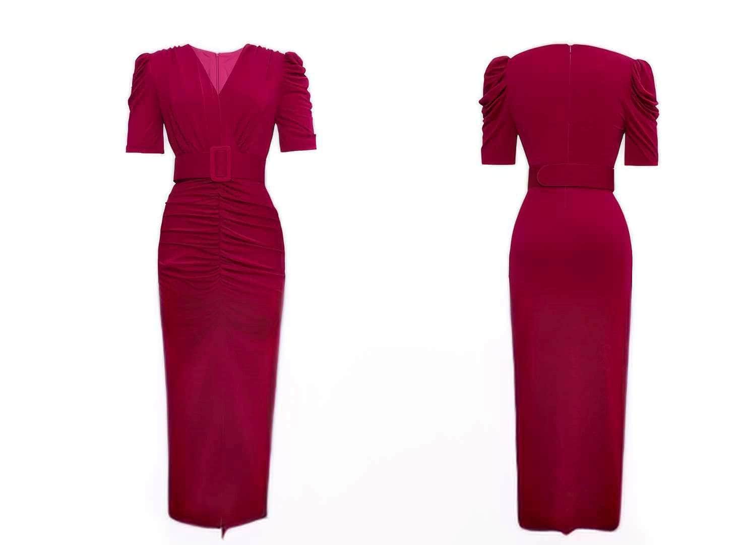 Short Sleeve Front Slit Ruched Belted Dress