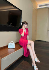 Short Sleeve Front Slit Ruched Belted Dress