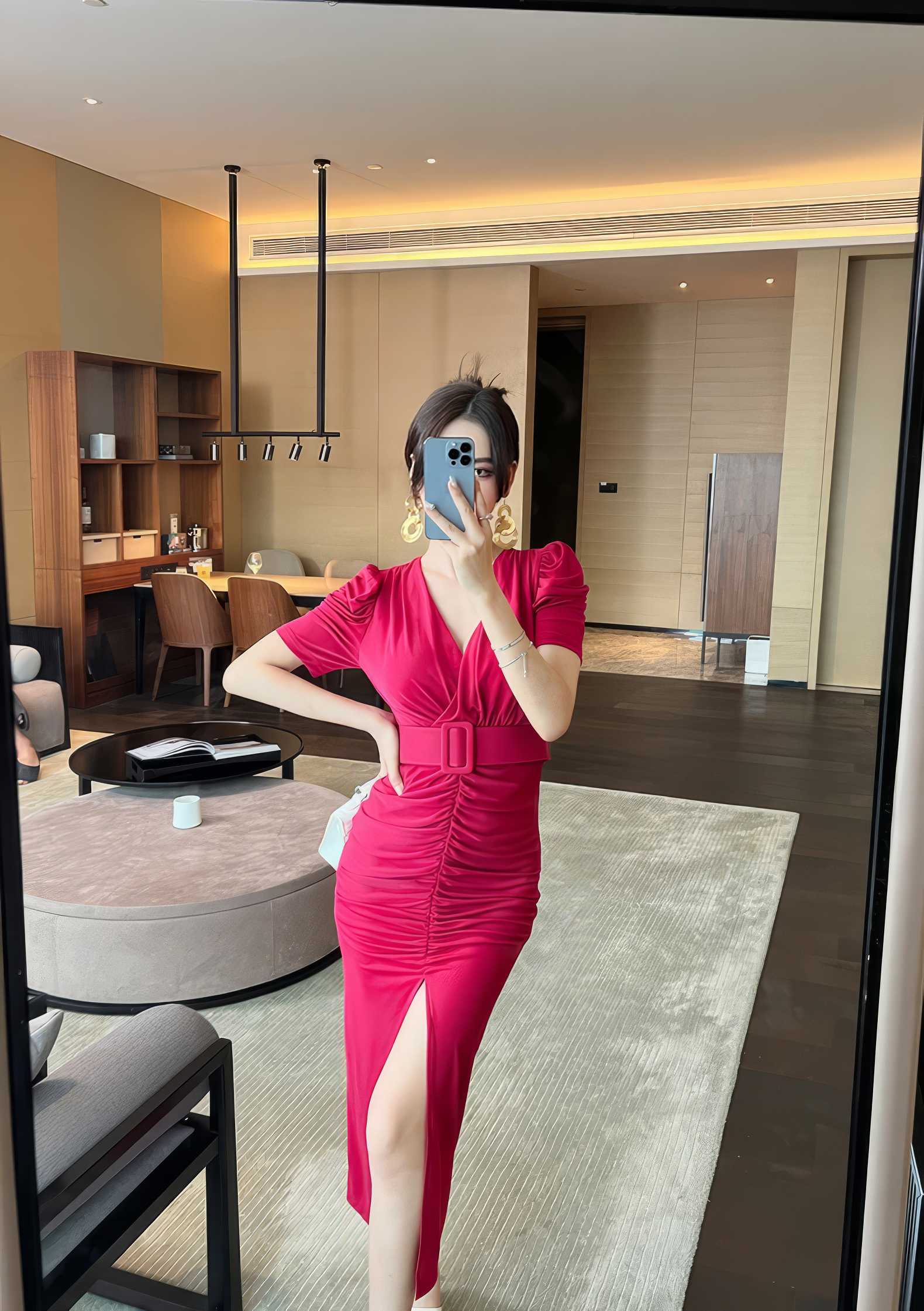 Short Sleeve Front Slit Ruched Belted Dress
