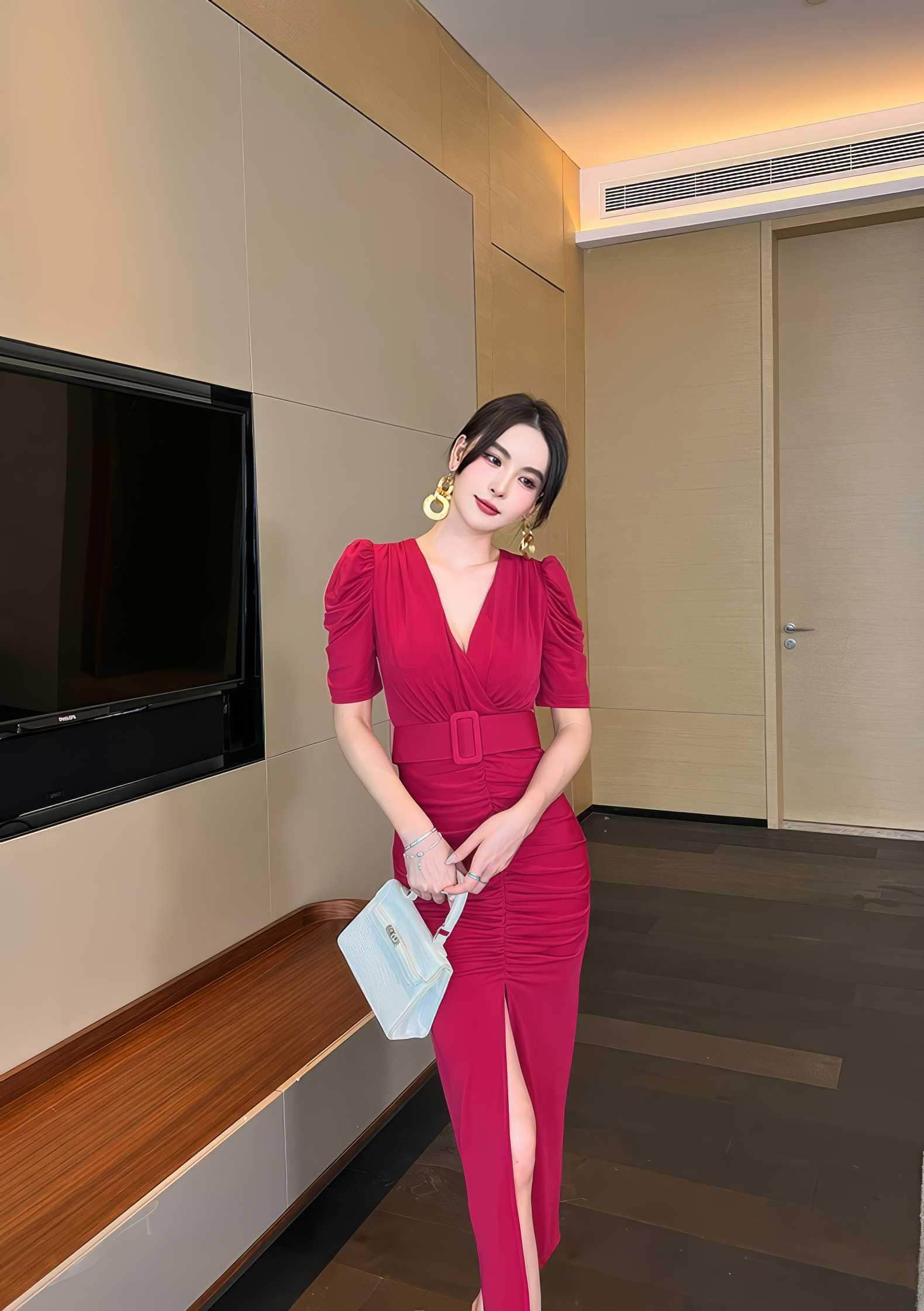 Short Sleeve Front Slit Ruched Belted Dress
