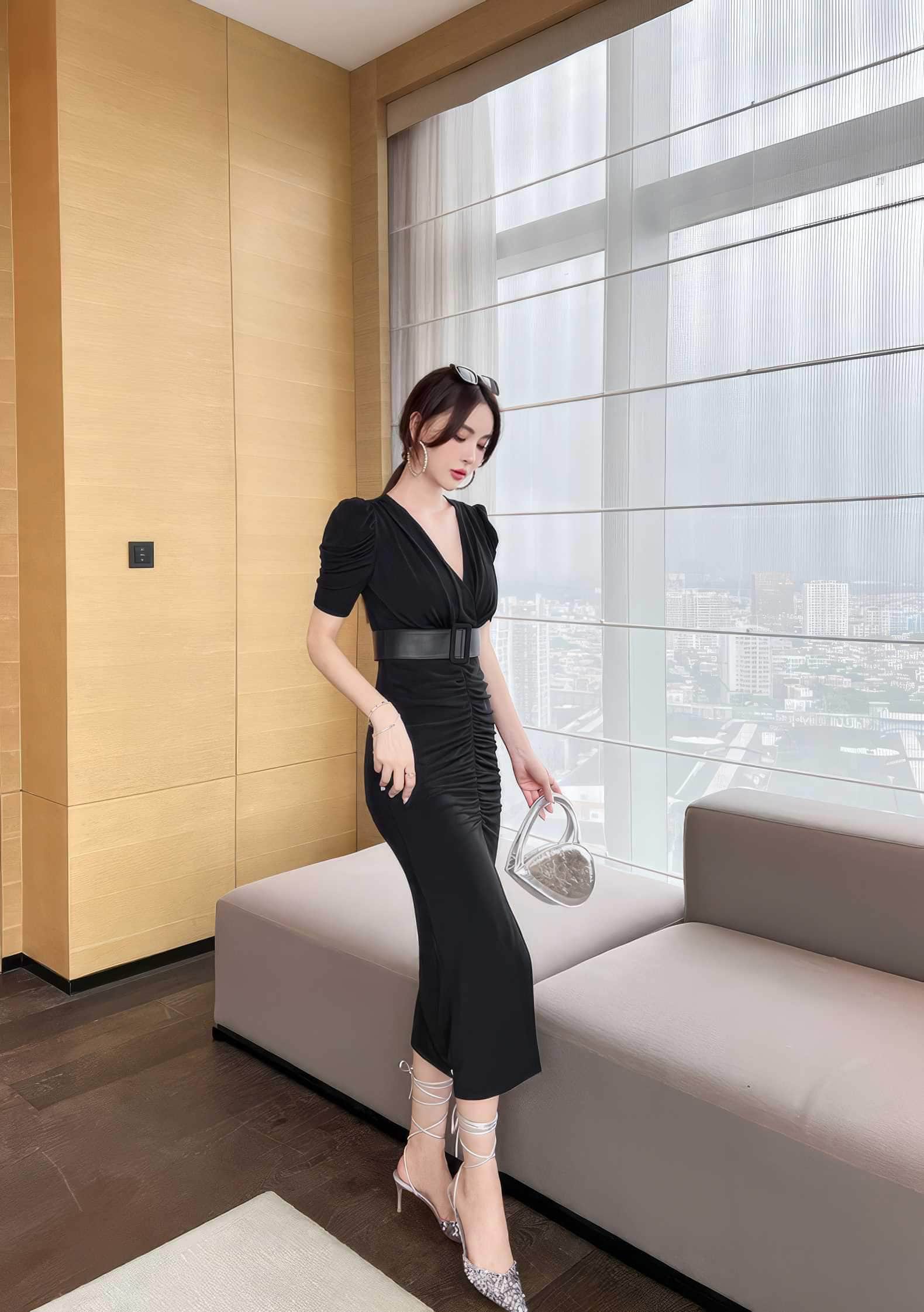 Short Sleeve Front Slit Ruched Belted Dress