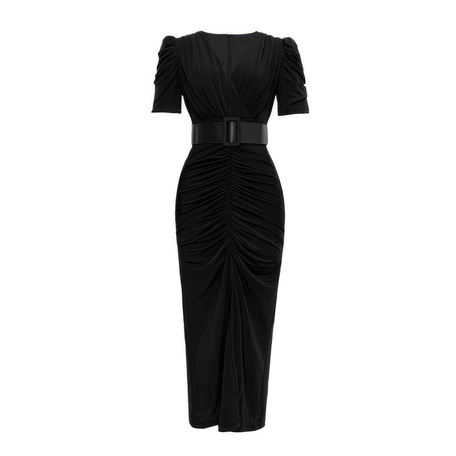 Short Sleeve Front Slit Ruched Belted Dress