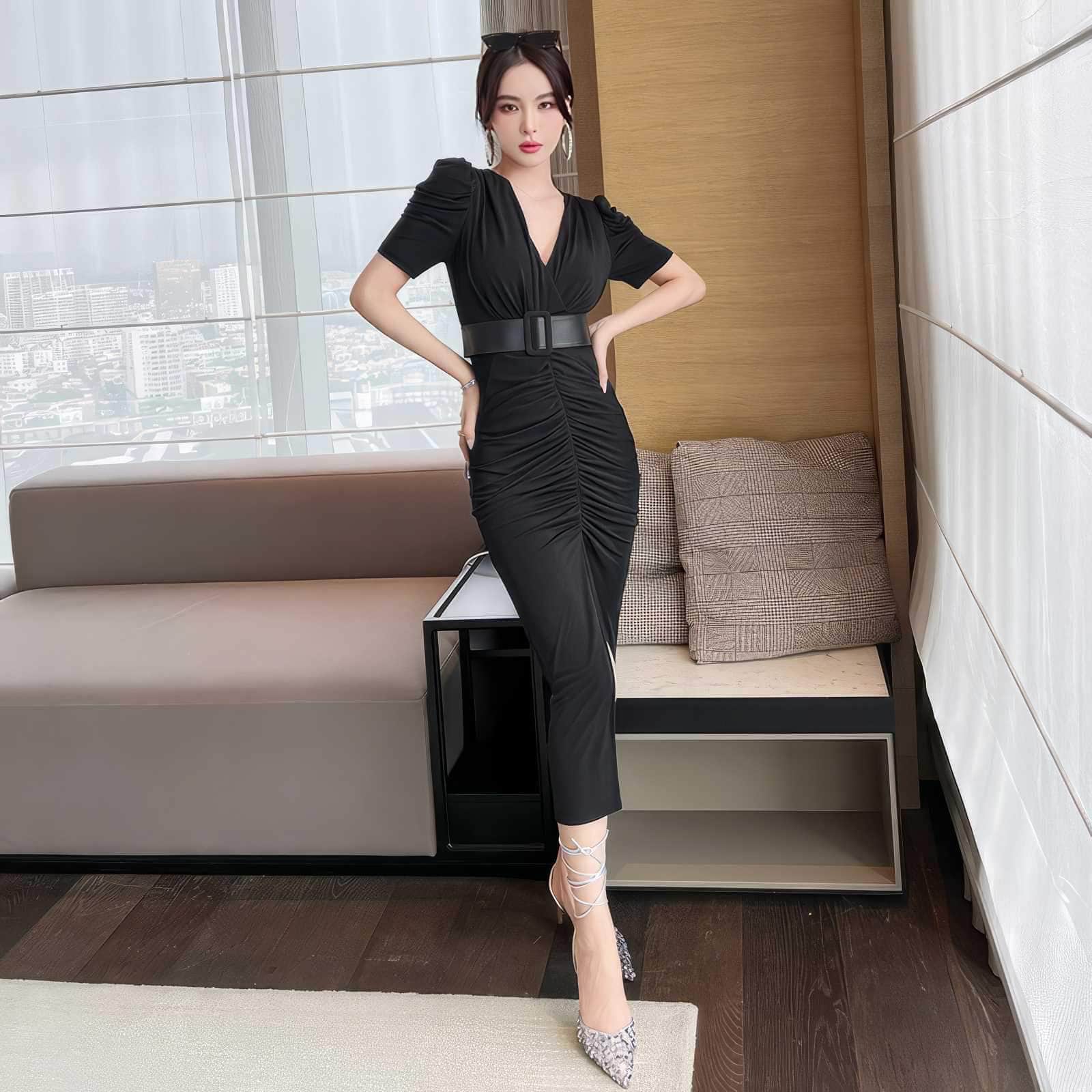 Short Sleeve Front Slit Ruched Belted Dress S / Black