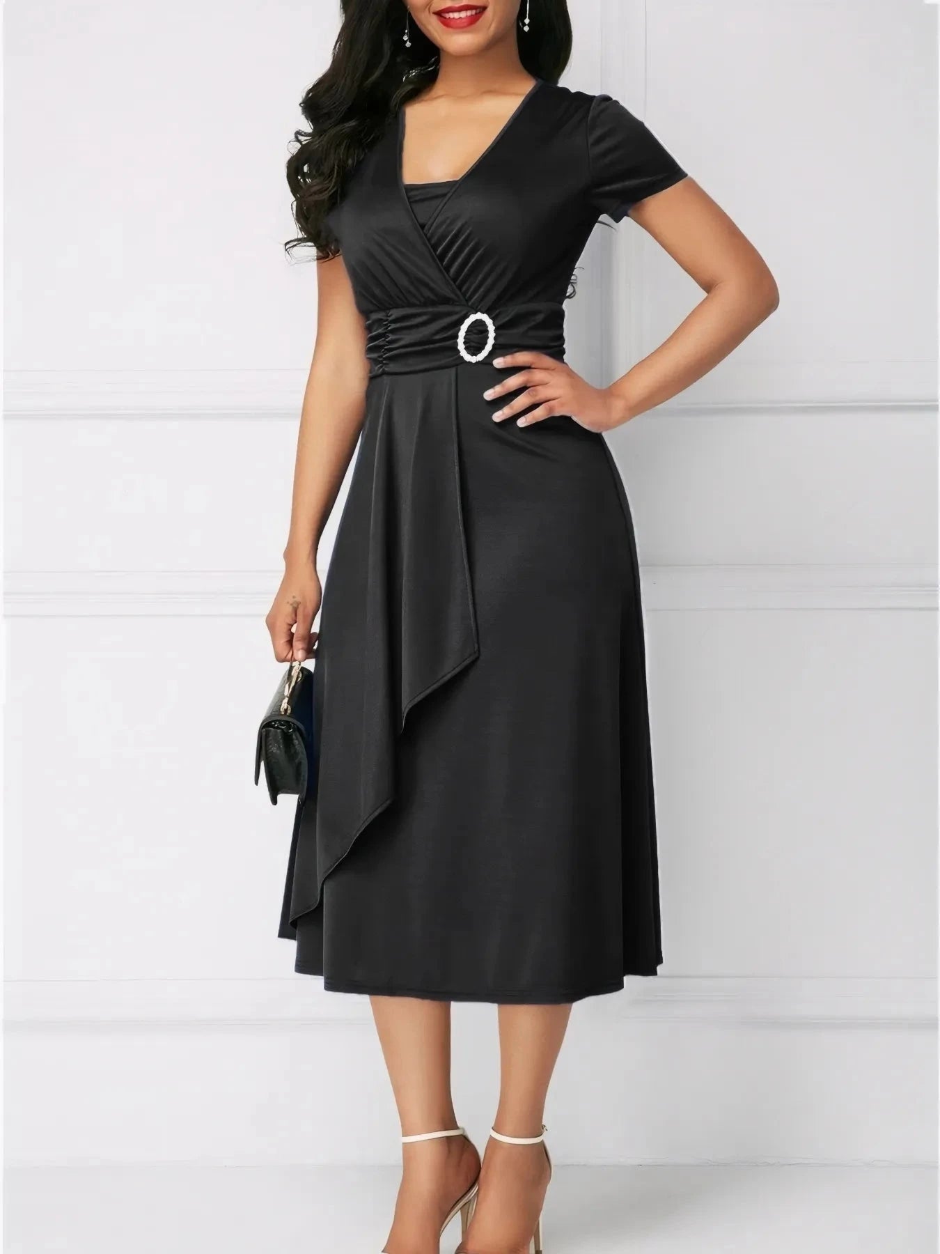 Short Sleeve Midi Wrap Dress with Belt Detail Black / S