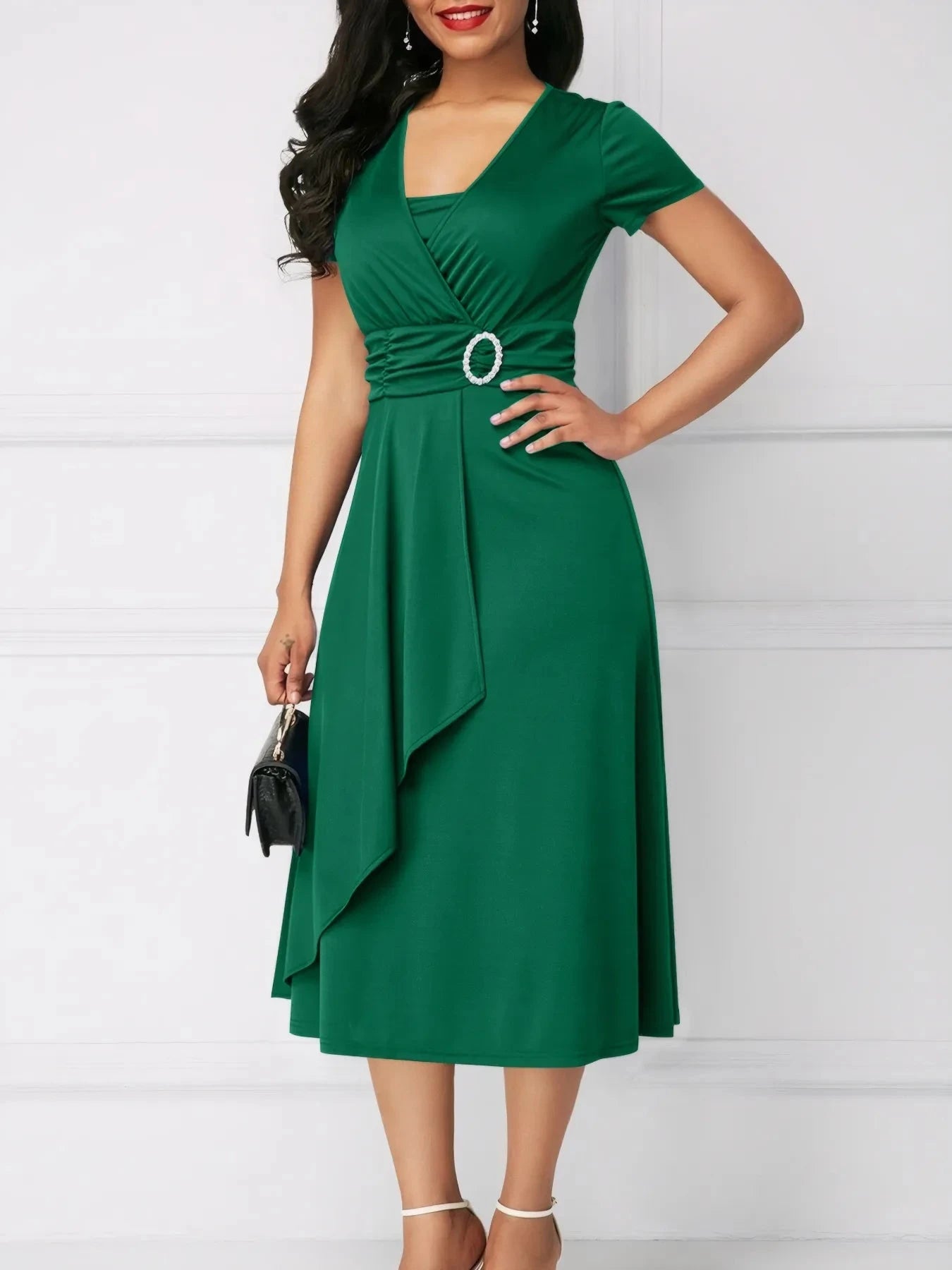 Short Sleeve Midi Wrap Dress with Belt Detail Dark Green / S