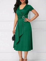 Short Sleeve Midi Wrap Dress with Belt Detail Dark Green / S